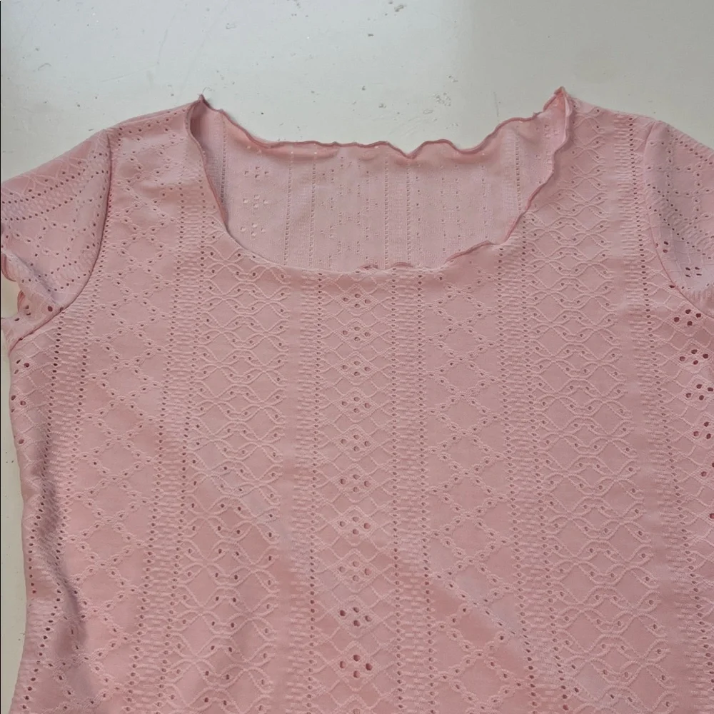 Small Pink Short Sleeve Lettuce Edge Hem Sheer Scoop Neck Blouse